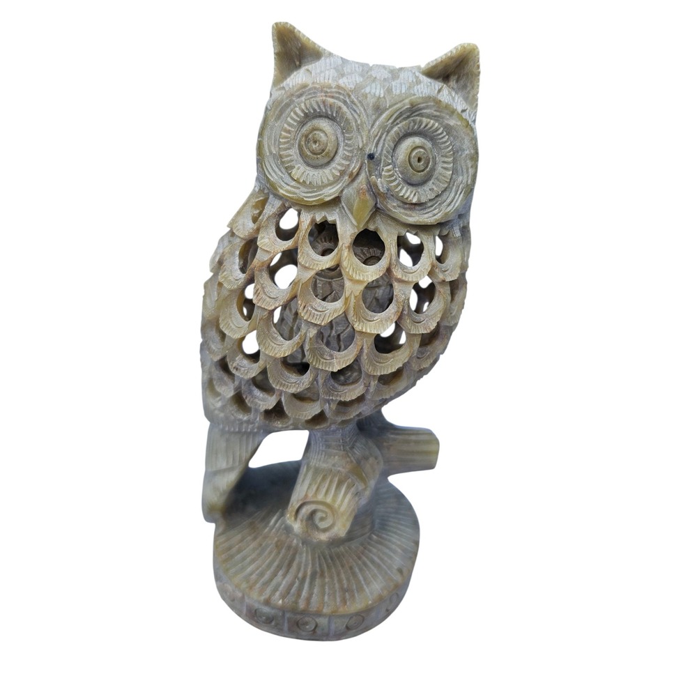 Carved Soapstone Owl‎ Statue Figurine With Small Owl Inside Unique Home Decor